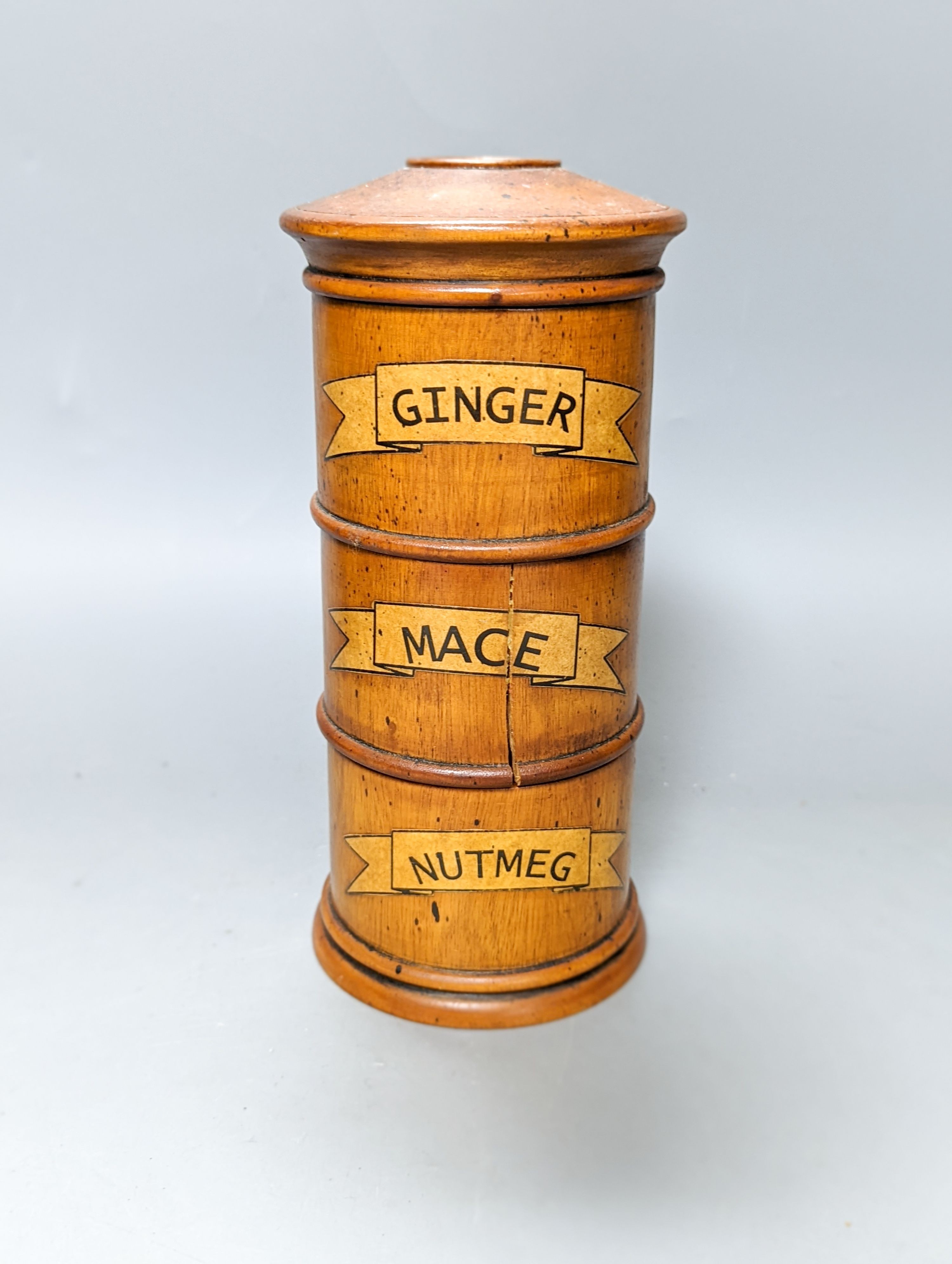 Two toleware spice box and cover and a reproduction compartmental spice box 22cm